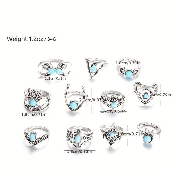 Rings Turquoise Silver Finger 11pc Gypsy Boho Hippie Stackable Trippy Stylish - Picture 4 of 4